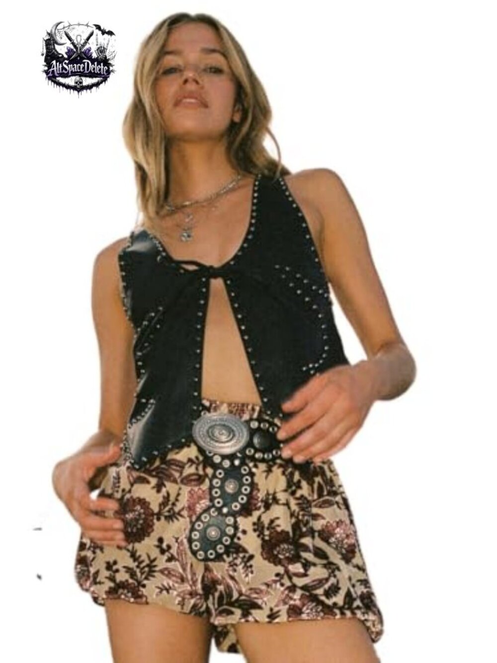 Faux Leather Studded Tie Front Vest Cropped Sleeveless